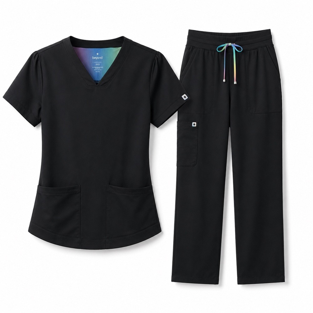 Beyond Scrubs Set Womens XXS XS Black Straight Leg Rainbow Trim Super Soft Comfy